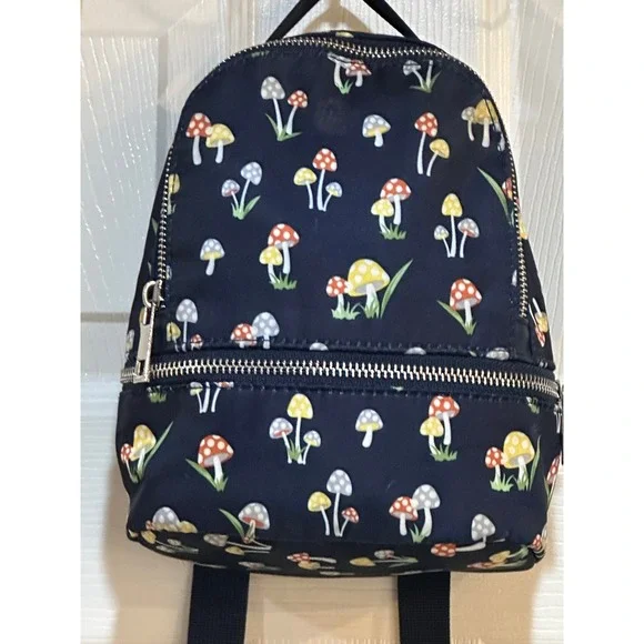 Navy Blue Mushroom Print Mini Backpack Cottagecore Nylon Small Bag - Picture 1 of 8